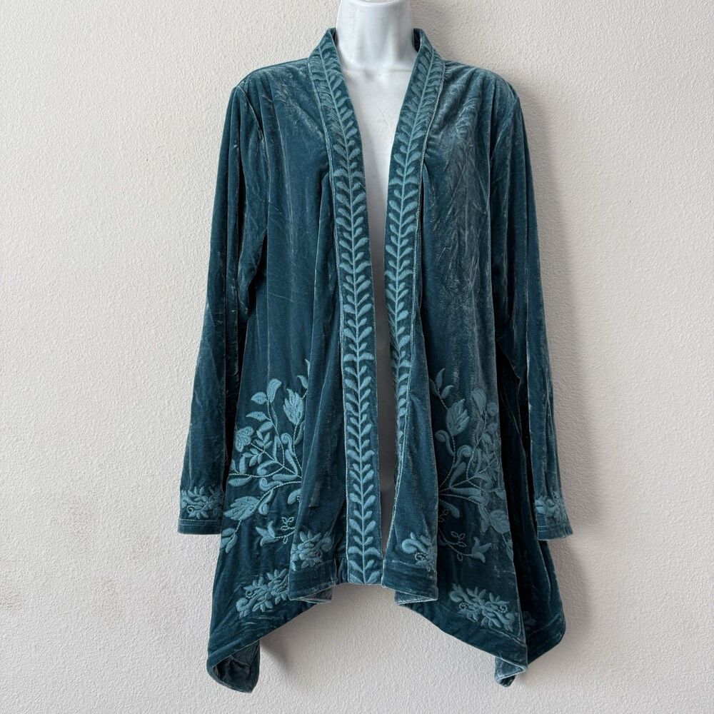 Floriana Velvet Embroidered Kimono Cardigan Teal Blue Boho Floral Open Jacket L